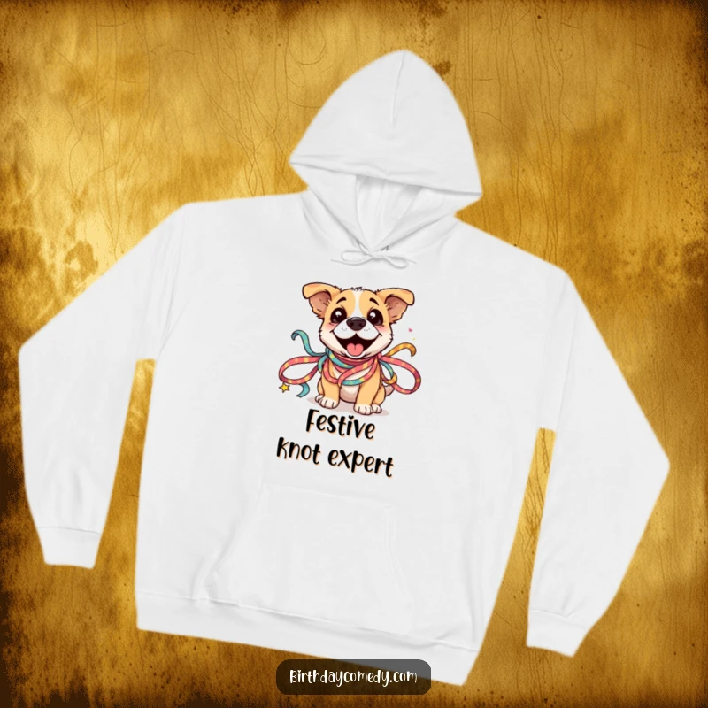 Funny Dog Ribbon Hoodie: A silly dog is hilariously tangled in colorful festive ribbons, embodying pure, unadulterated joy.
