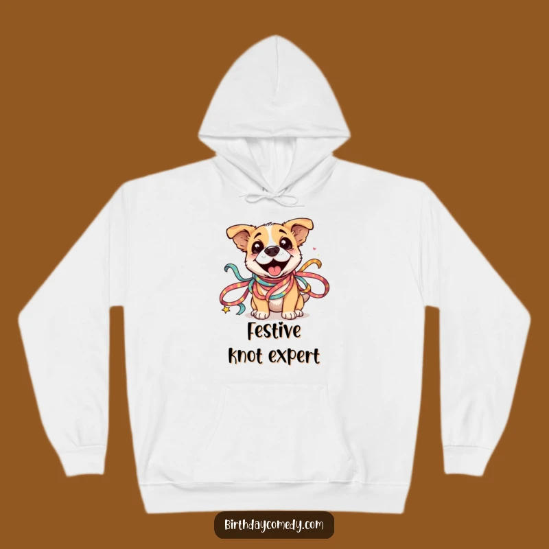 Funny Dog Ribbon Hoodie: Silly Dog Entangled in Festive Ribbons, Cozy Humorous Gift