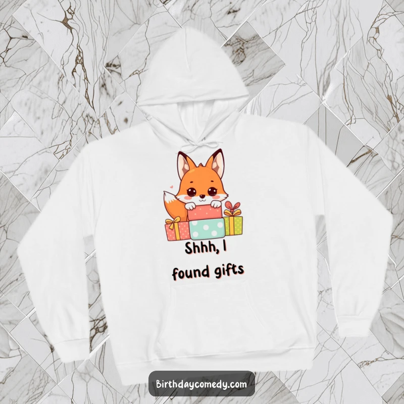 Funny fox hoodie with a happy fox peeking from behind wrapped presents, big eyes full of wonder and excitement for gifts.