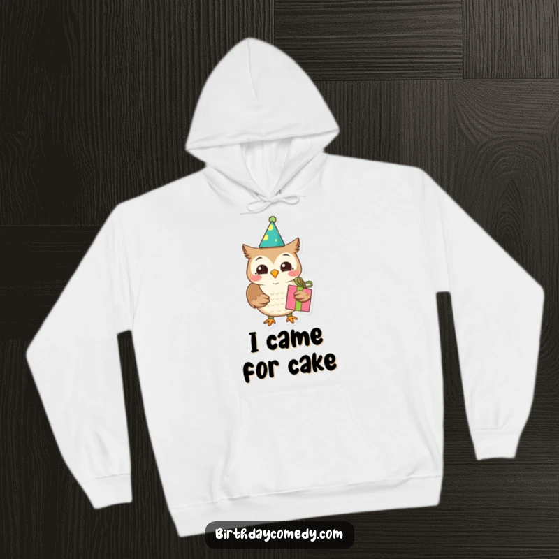 Funny owl hoodie, birthday theme, holding a gift, cozy and joyful, perfect funny gift.