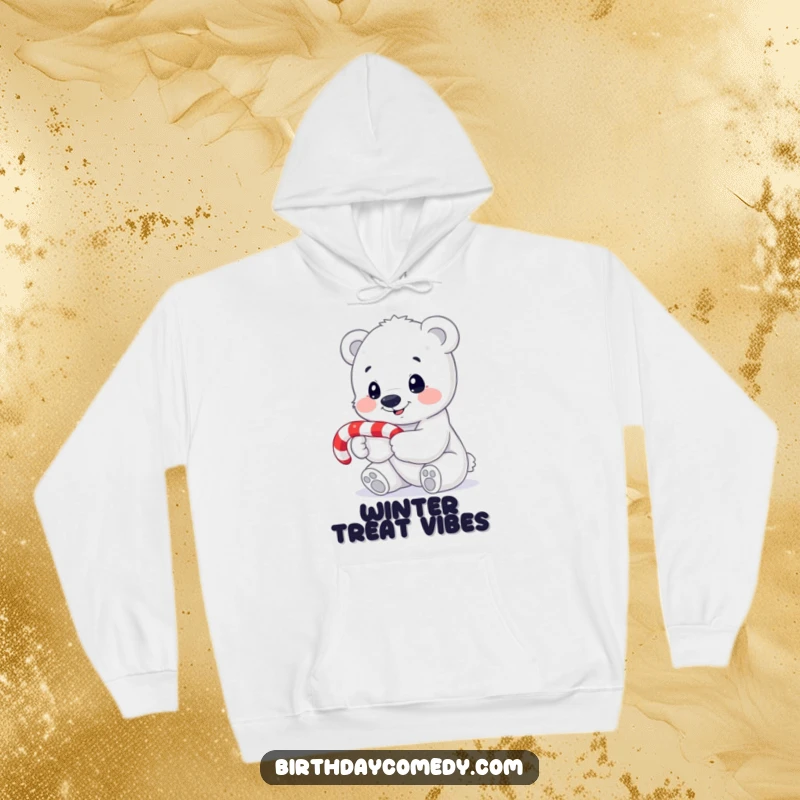 Funny polar bear cub hoodie, clutching a candy cane, looking curious and ready for winter fun, a cozy holiday treat.