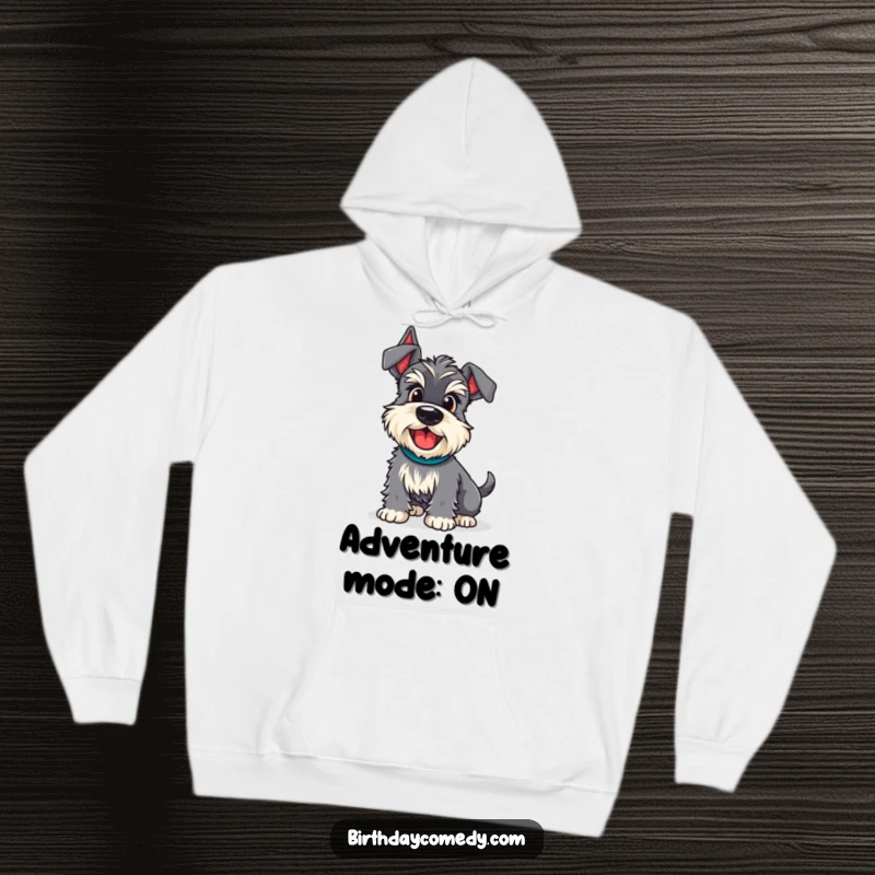 Funny schnauzer hoodie depicting a dog with an excited wiggle, ready for adventure, embodying cheerful energy.