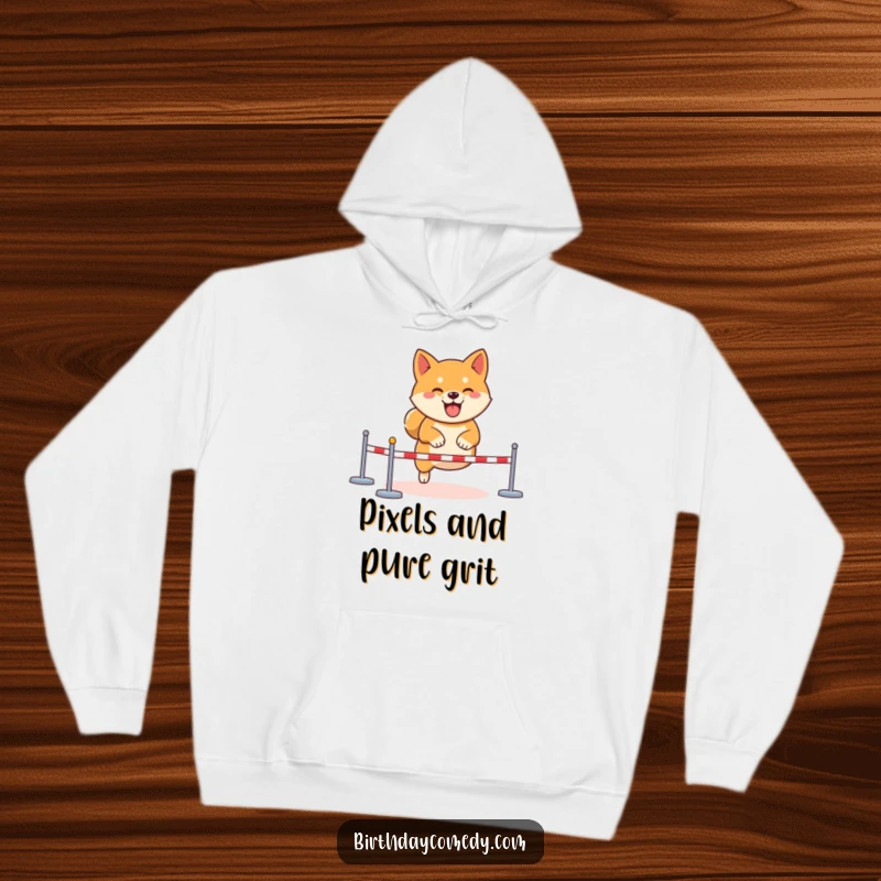 Funny Shiba Inu gamer hoodie, determined virtual obstacle course, cozy gaming apparel, esports fan gear, online challenge comfort.