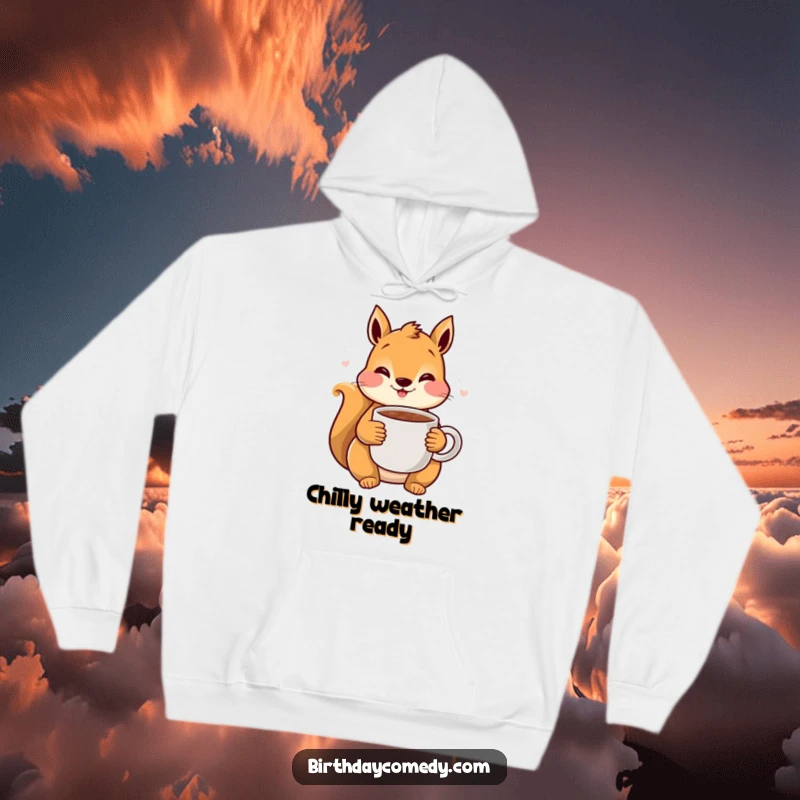 Funny Squirrel Cocoa Hoodie: A delightful squirrel with rosy cheeks cherishes a warm mug of cocoa, perfect for staying snug.