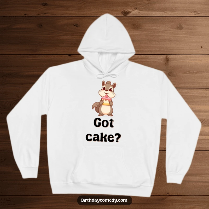 Funny squirrel hoodie, holding cake, looking up expectantly, cozy and whimsical, perfect funny gift.