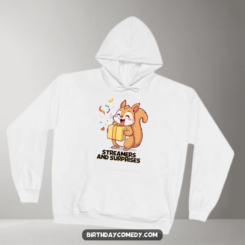 Funny squirrel hoodie with an excited squirrel holding a gift box, surrounded by flying streamers, conveying pure delight.