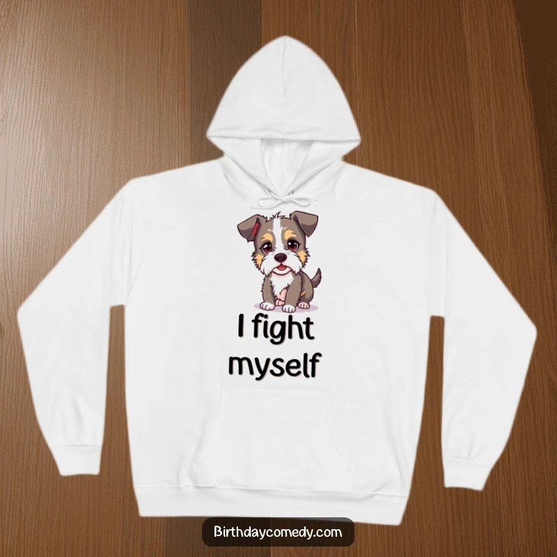 Funny terrier hoodie illustration of a silly dog gleefully chasing its own shadow, radiating mischief and pure, uninhibited fun.