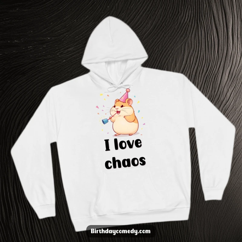Funny Hoodie: A plump hamster adorned with a streamer enthusiastically pursues confetti from a cannon, radiating excitement.