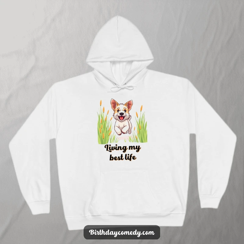 Funny terrier hoodie illustration of a happy dog running through tall grass, ears flapping, symbolizing pure bliss and freedom.