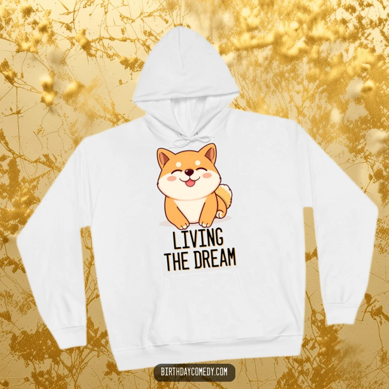 Funny Shiba Inu hoodie showing a blissfully content Shiba Inu with eyes shut, enjoying a virtual belly rub, epitome of relaxation.
