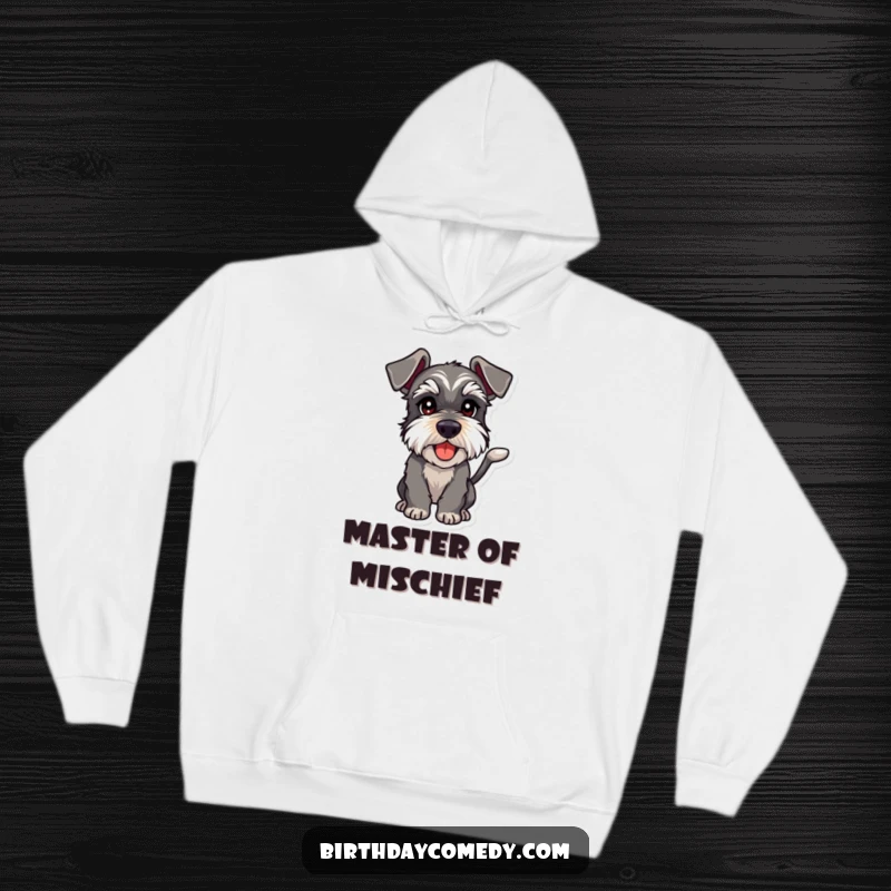 Funny schnauzer hoodie depicting a dog with a wagging tail and playful intent in its eyes, embodying mischievous charm.