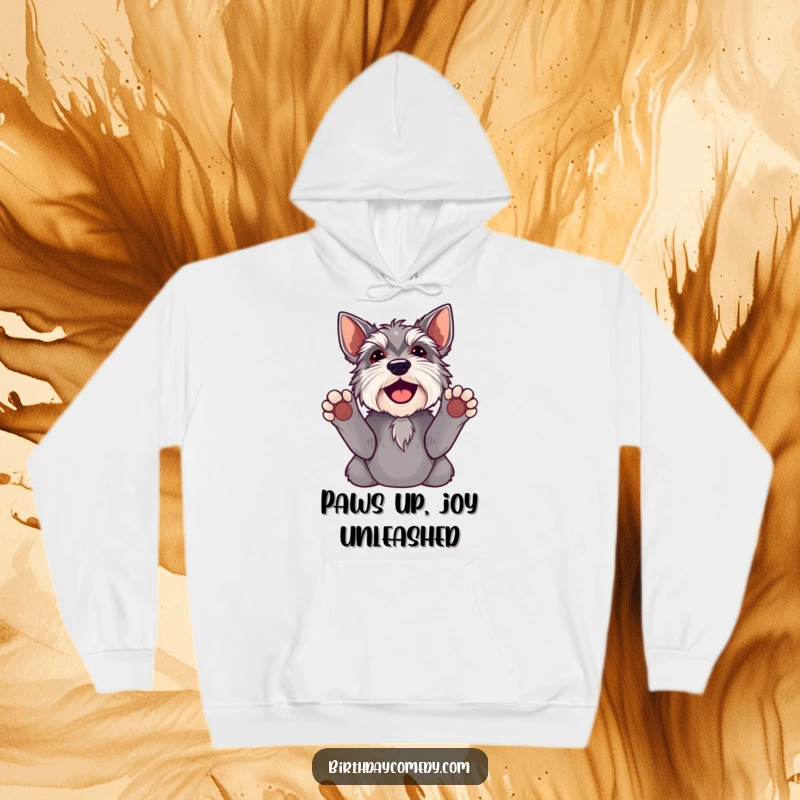 Funny schnauzer hoodie featuring a joyful dog with paws raised, looking up, embodying playful and loving pet humor.