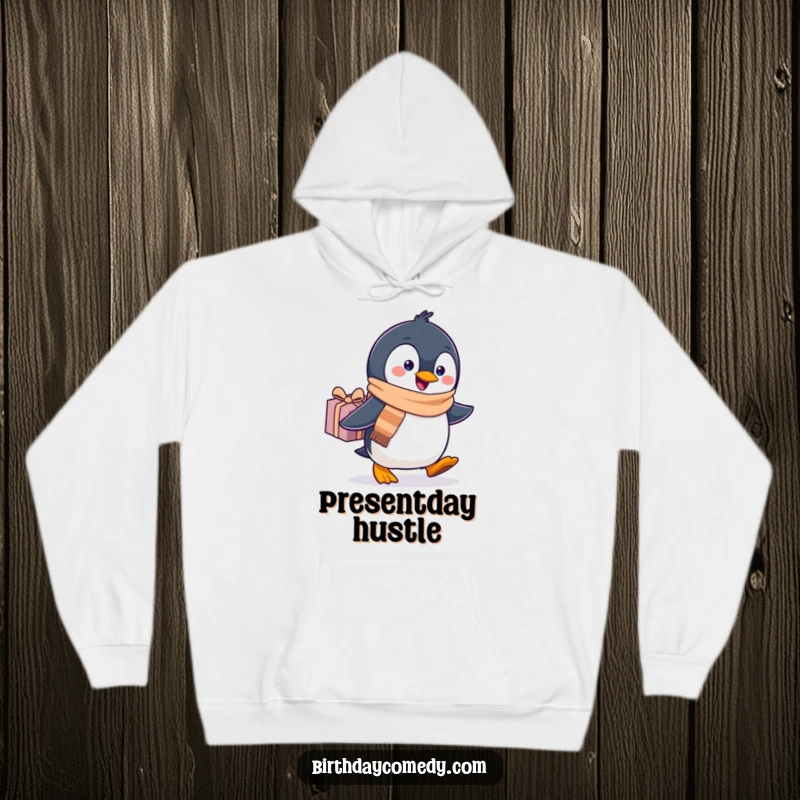 Funny penguin hoodie, wearing a scarf, waddling enthusiastically with a beautifully wrapped gift, perfect for cozy holidays.