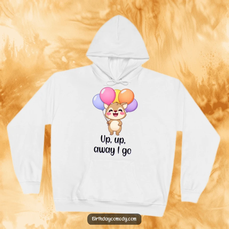 Funny hoodie with a happy animal smiling brightly while holding a bundle of colorful balloons, cozy wear.