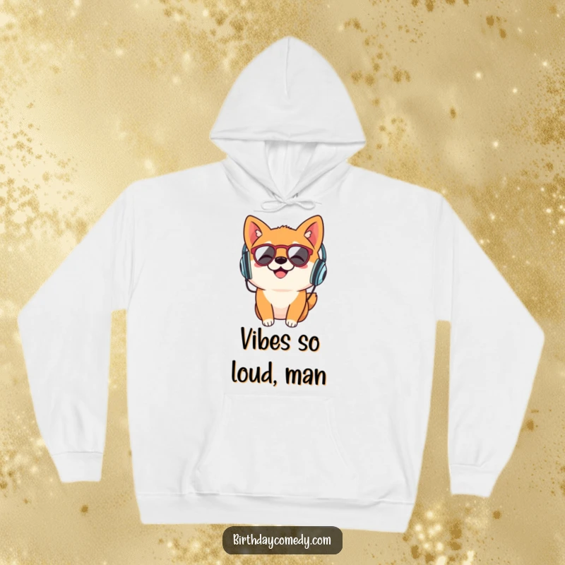 Funny Shiba Inu hoodie, retro headphones, head bobbing music, cozy DJ dog, comfortable canine apparel.