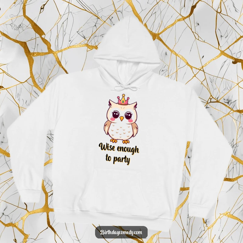 Funny cozy owl hoodie featuring a jubilant owl wearing a miniature party crown, perfect for spreading cheer and humor.
