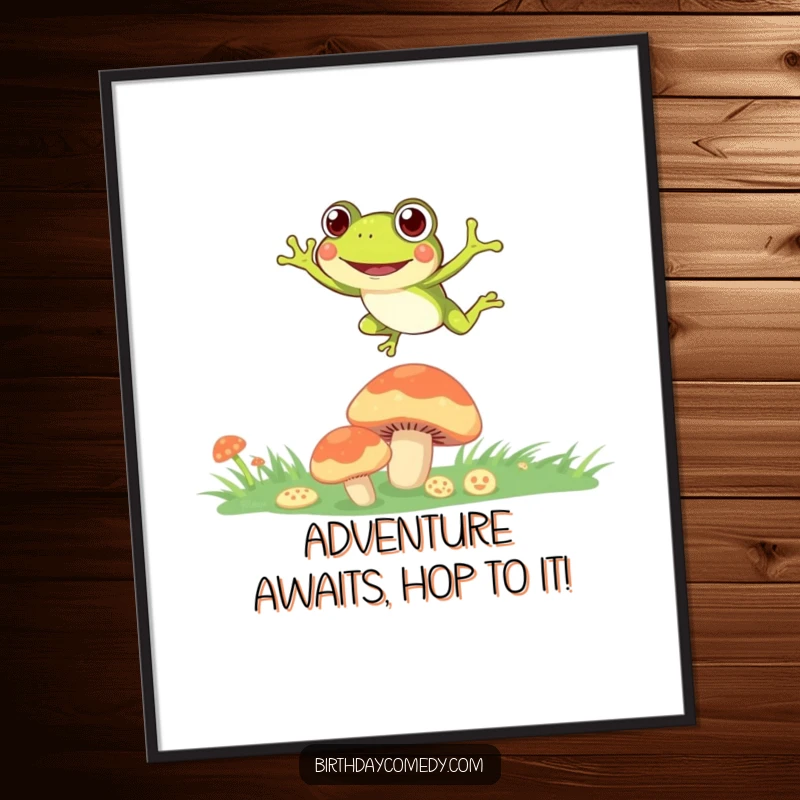 Funny Free Printable Wall Art: Energetic frog with wide eyes leaping between colorful mushroom caps, full of life.