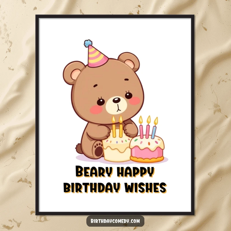 Funny Free Printable Wall Art: A playful bear in a party hat, creating a comical and festive atmosphere.