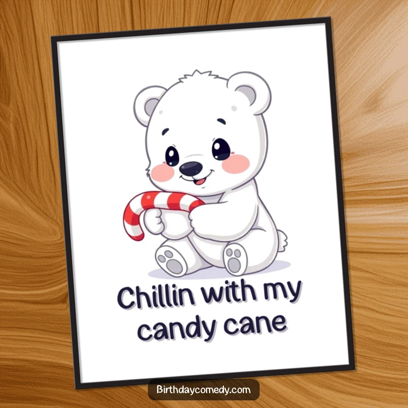 Funny free printable wall art of a smiling polar bear cub holding a candy cane, looking intrigued by it.
