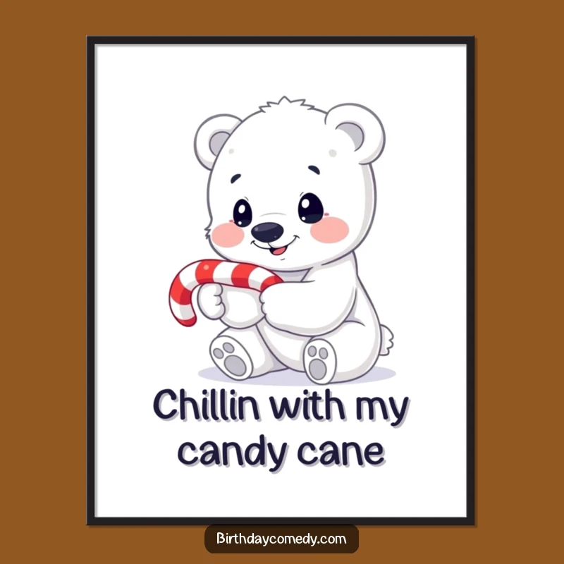 Free Printable Wall Art: Funny Polar Bear Cub with Candy Cane Download