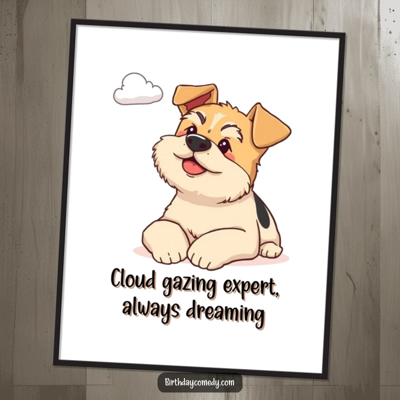 Free Printable Wall Art: A content terrier resting, eyes fixed on a distant, fluffy cloud.