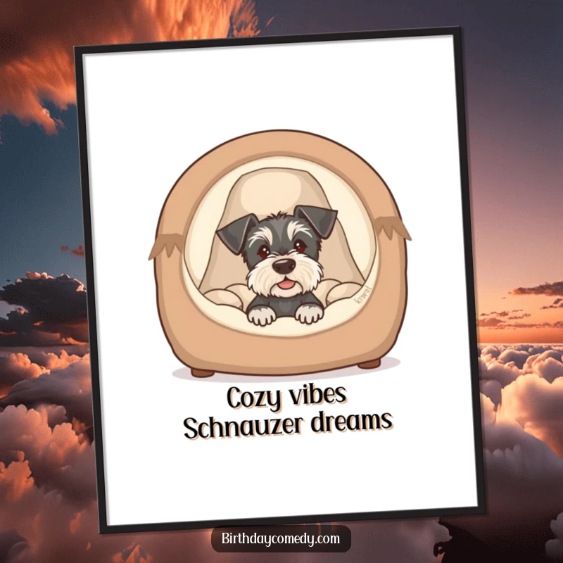 Funny Free Printable Wall Art: Schnauzer puppy peeking from a cozy dog bed, an adorable and humorous downloadable piece for dog lovers.