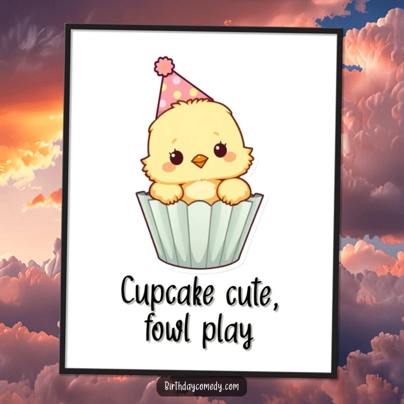 Funny Free Printable Wall Art: A fluffy chick wearing a party hat peeking adorably out of a cupcake wrapper, ready for festivities.