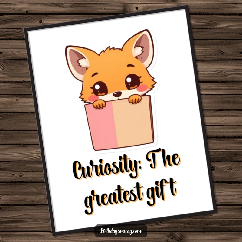 Funny Free Printable Wall Art: A tiny fox with big curious eyes peeks from behind a massive, overflowing gift box.
