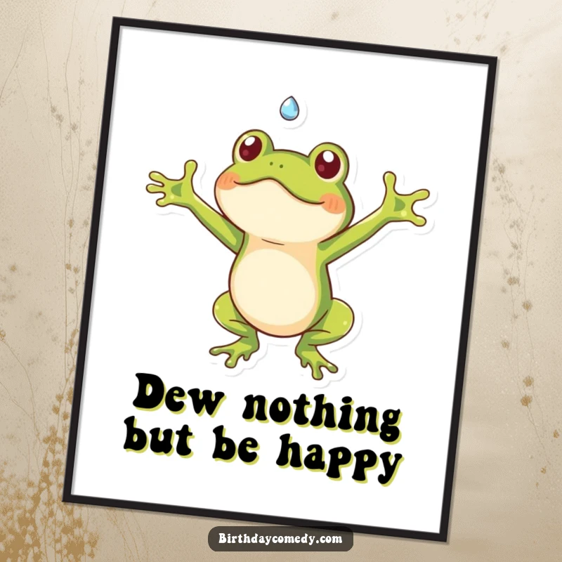 Funny Free Printable Wall Art: A comical frog joyfully catching a falling dewdrop, adding a splash of quirky charm to any wall.
