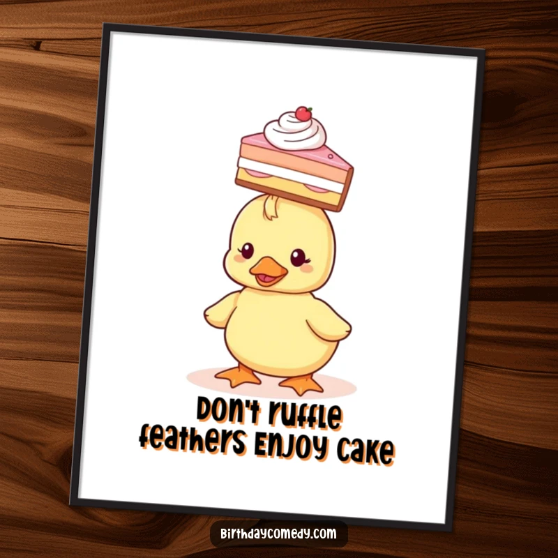 Funny free printable wall art of a tiny duckling with impeccable balance, holding a slice of cake on its head, adding charm.