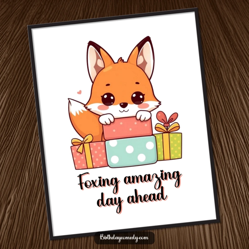 Funny Free Printable Wall Art: A cheerful fox with big eyes, peeking playfully from behind presents.