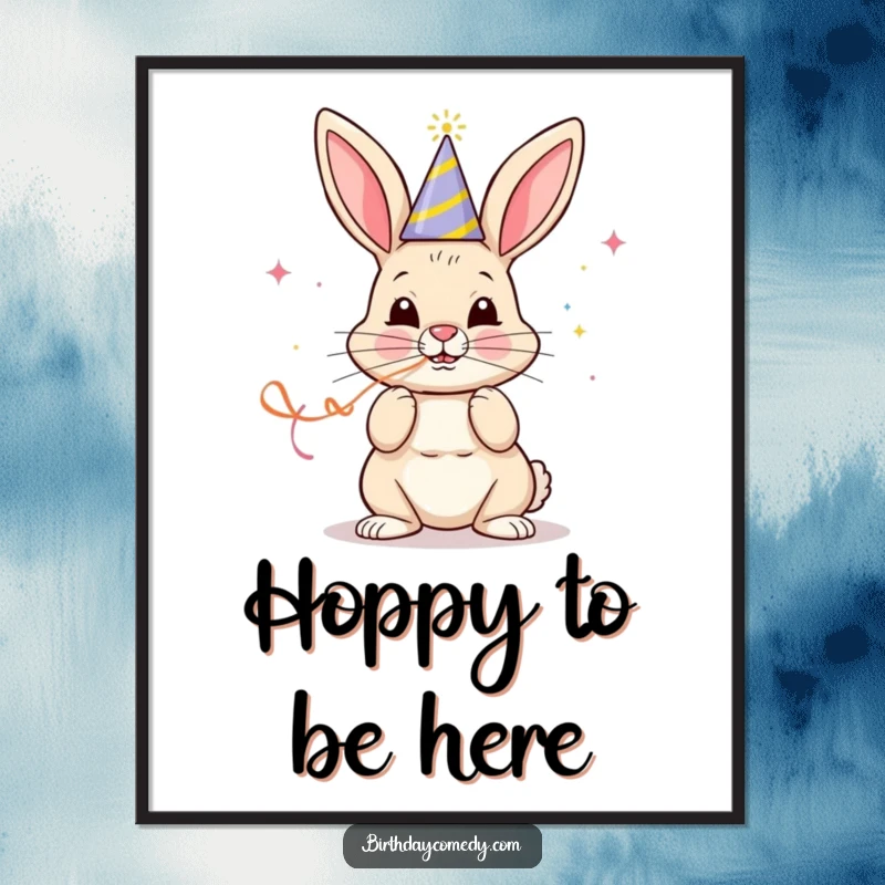 Funny Free Printable Wall Art: A cheerful bunny in a party hat blowing a streamer with determined focus, bringing festive vibes.