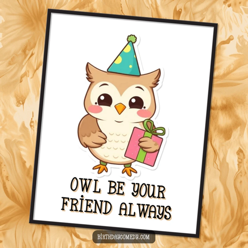 Funny Free Printable Owl Wall Art: Joyful owl wearing birthday cap, holding a present, perfect for humorous home decor.