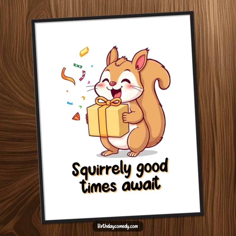 Funny Free Printable Wall Art: An excited squirrel clutching a gift with streamers flying, bringing party vibes.