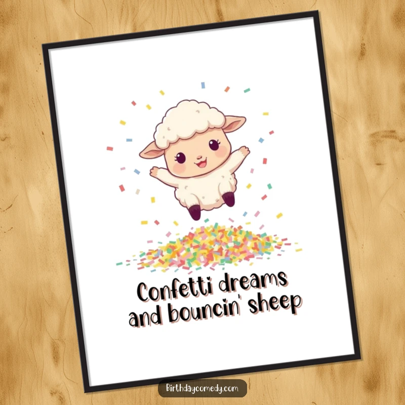 Funny Free Printable Wall Art: A fluffy sheep is captured in a moment of pure exhilaration, bouncing over a spectacular pile of confetti.