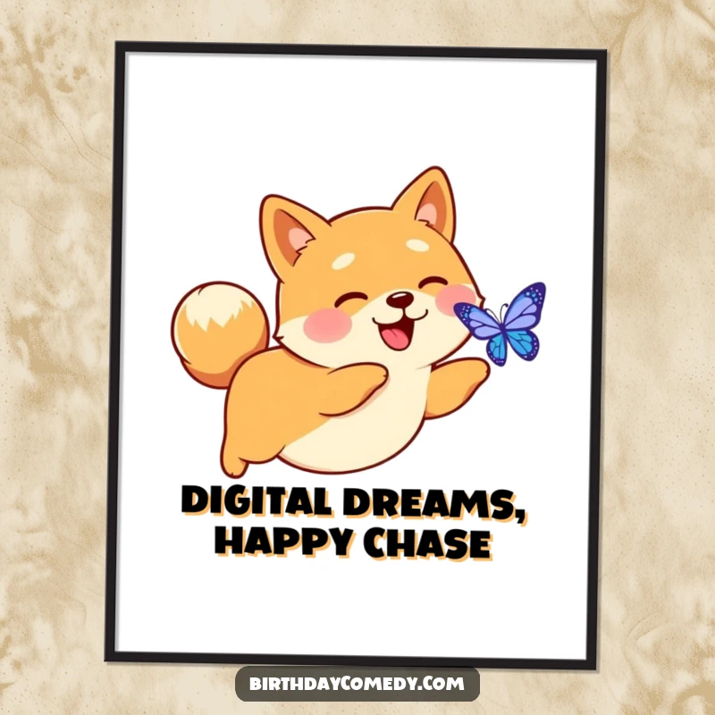 Funny Free Printable Wall Art: A happy Shiba Inu with a perky tail joyfully chases a luminous digital butterfly through a modern landscape.