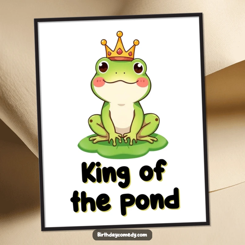 Funny Free Printable Wall Art: A happy frog wears a tiny crown and balances a lily pad like a hat.