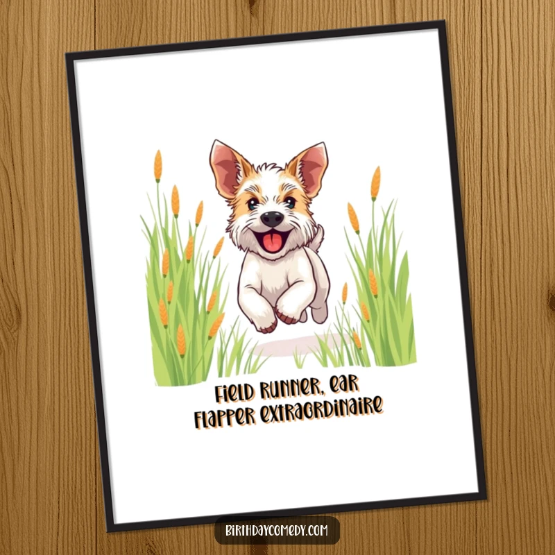 Free Printable Wall Art: A happy terrier running with ears flapping through a field of tall grass.