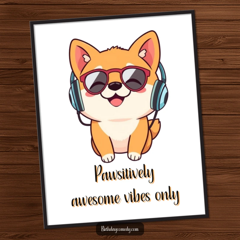 Funny Free Printable Wall Art: A silly Shiba Inu wearing retro headphones, bobbing its head to music, perfect for a playful space.