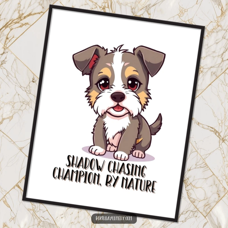 Funny Free Printable Wall Art: A silly terrier in mid-chase, eyes locked on its own shadow.