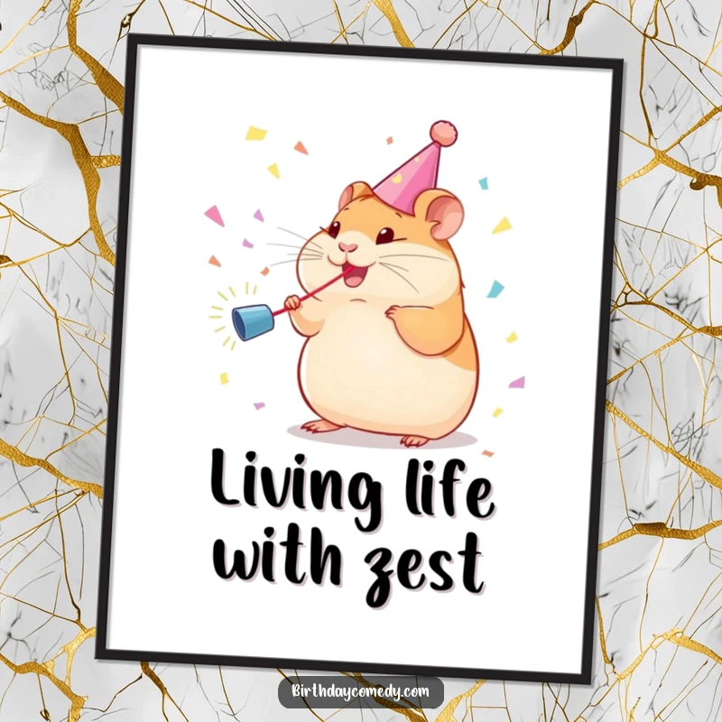 Funny Free Printable Wall Art: A plump hamster wearing a party streamer enthusiastically chases a confetti cannon blast.