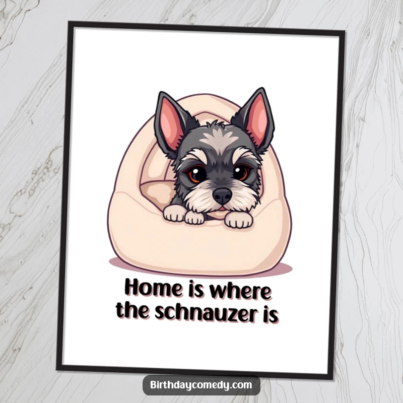 Cute Free Printable wall art, schnauzer puppy peeking from cozy dog bed, adorable heartwarming downloadable decor.
