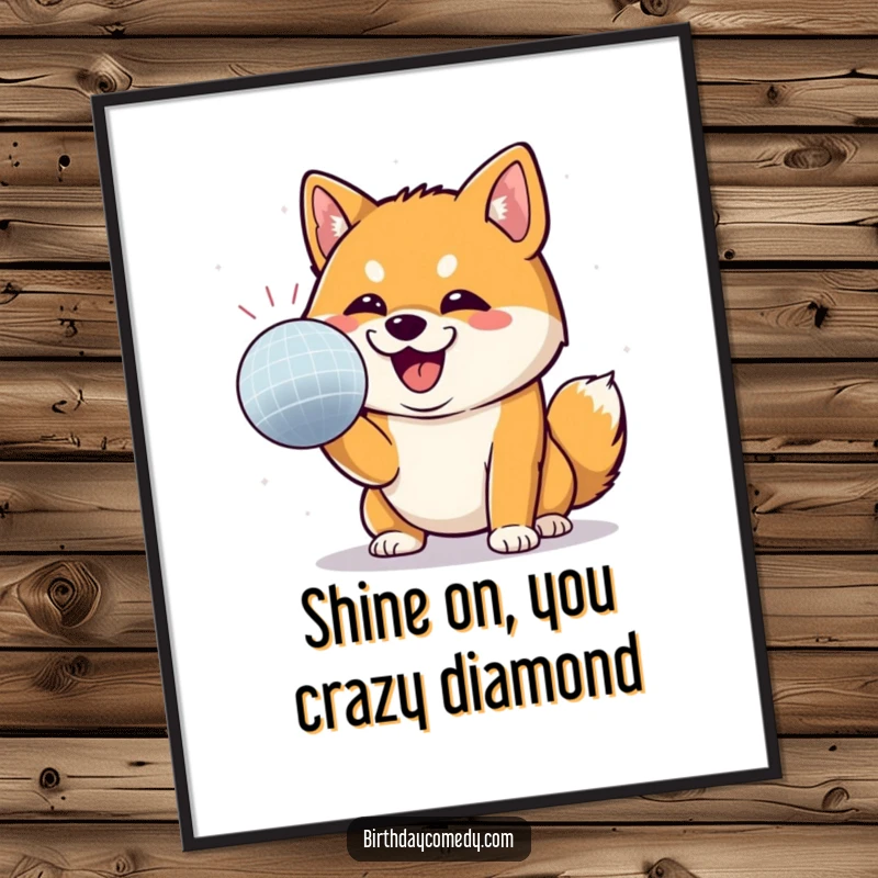 Funny Free Printable Wall Art capturing a Shiba Inu with a determined grin joyfully batting at a dazzling disco ball.
