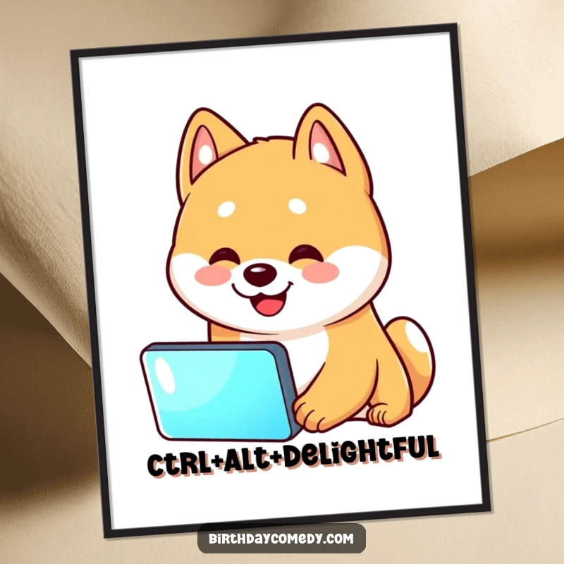 Funny Free Printable Wall Art of a Shiba Inu with a head tilt staring intently at a luminous digital screen.