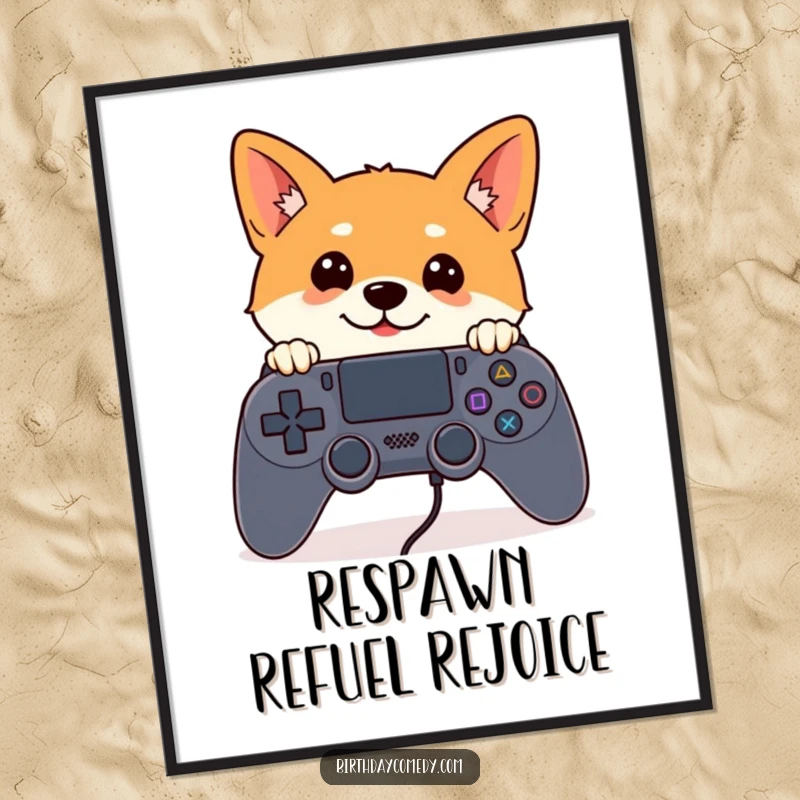 Funny Free Printable Wall Art: A curious Shiba Inu with alert ears peeking over a giant, imposing video game controller.
