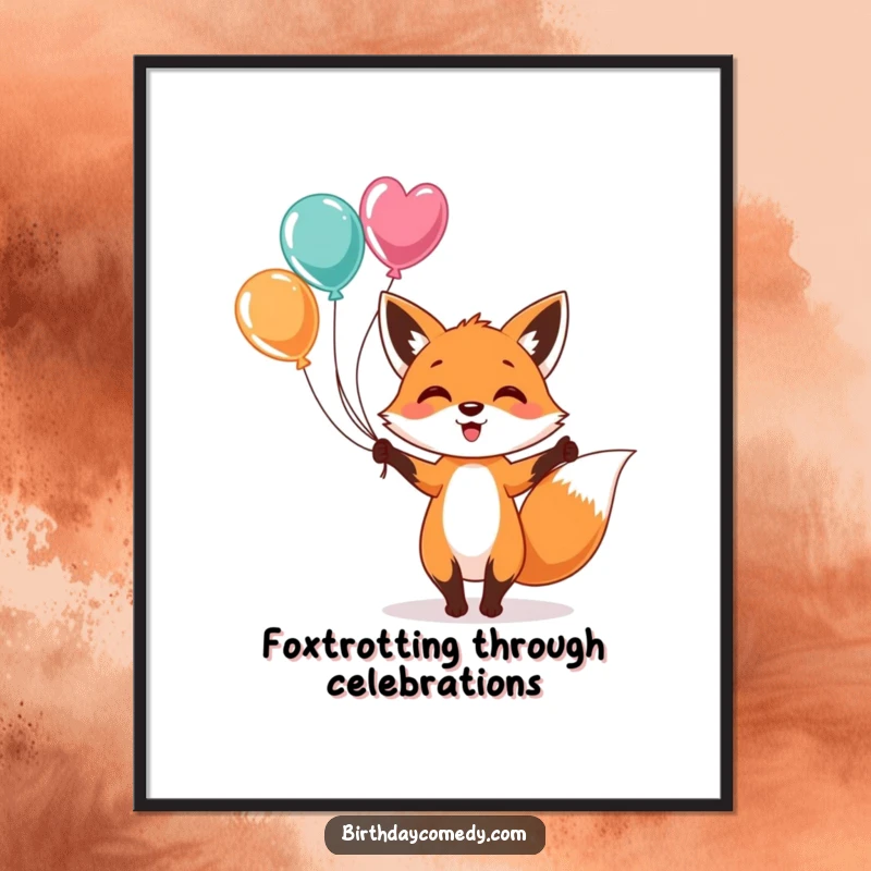 Funny Free Printable Wall Art depicting a cheerful fox enthusiastically juggling a cascade of colorful balloons, full of life.