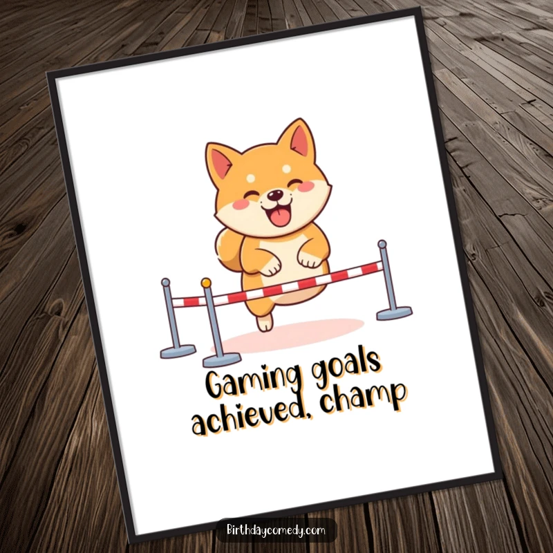Funny Free Printable Wall Art: A determined Shiba Inu navigating a virtual obstacle course with glee, a true gaming champion.
