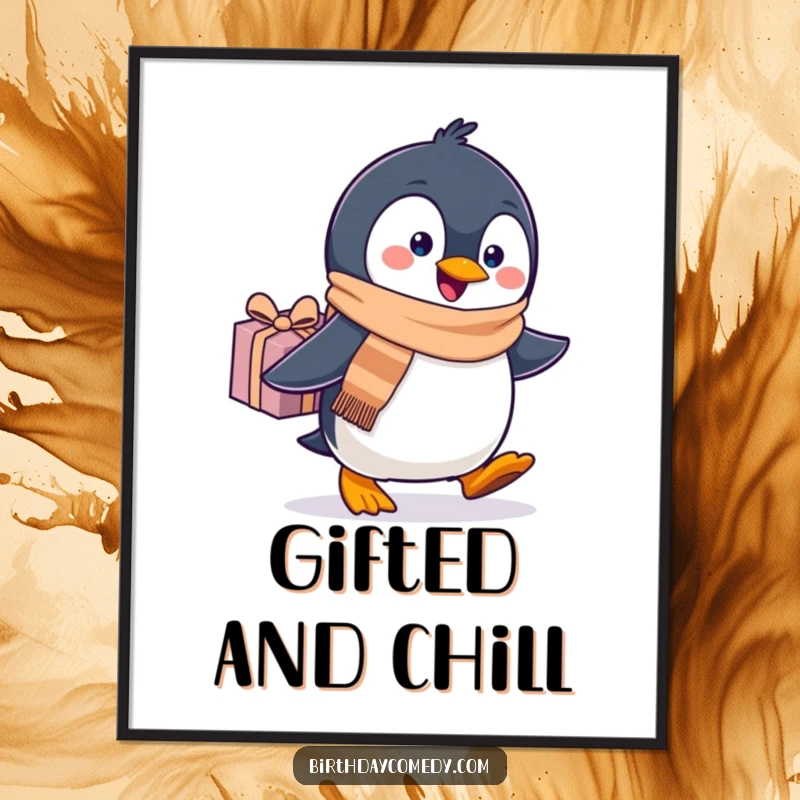 Funny free printable wall art of a cheerful penguin wearing a scarf, waddling enthusiastically with a gift.