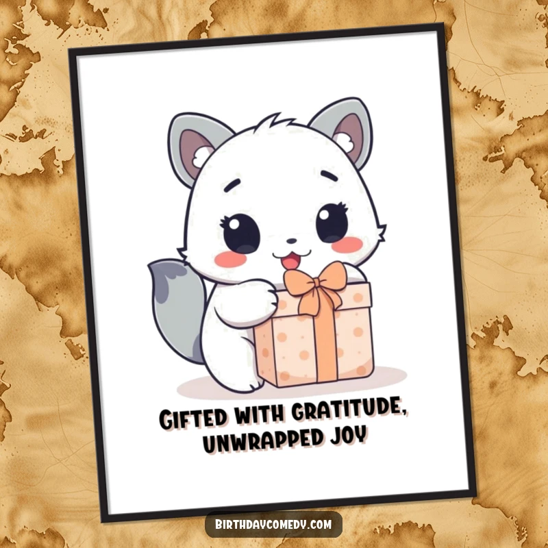 Funny Free Printable Wall Art: Cute animal character enthusiastically unwrapping a gift with wide, excited eyes, a fun art piece.
