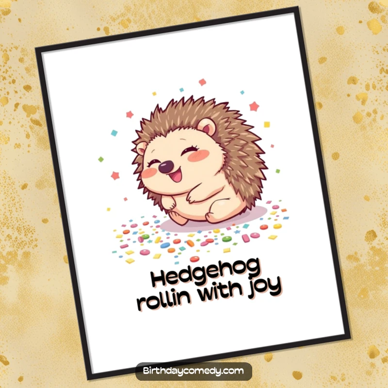 Funny Free Printable Wall Art: A giggling hedgehog rolling enthusiastically across a confetti-filled floor.